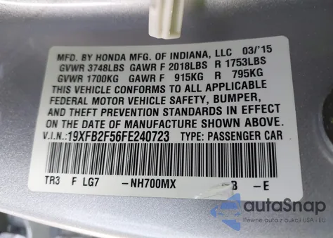 2015 Honda Civic Lx из США, поврежденный, VIN 19XFB2F56FE240723